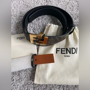 Fendi black and brown belt Sz 105/42. Gold Plated buckle.